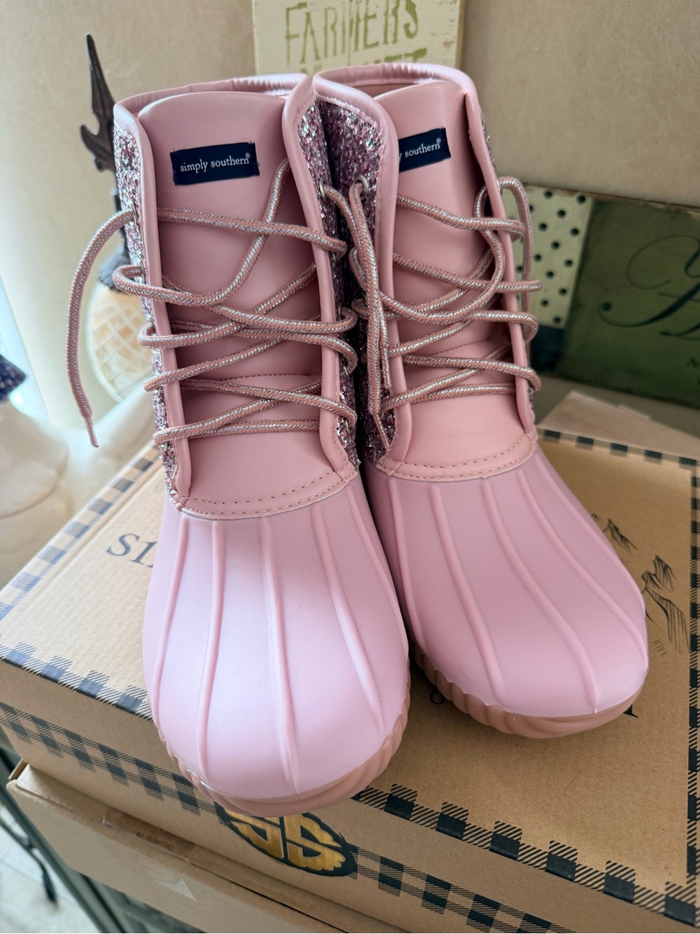 Simply Southern Pink Glitter Duck Boots - Picture 2 of 13